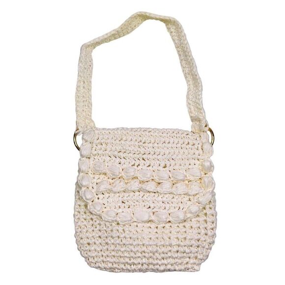Vintage 70s Pocketbook Ivory Macrame Purse Crochet Shoulder Bag Boho - Picture 1 of 7